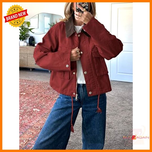 Cropped Utility Jacket Casual Button Front Cargo Pockets Oversized Chic Style - Picture 3 of 7